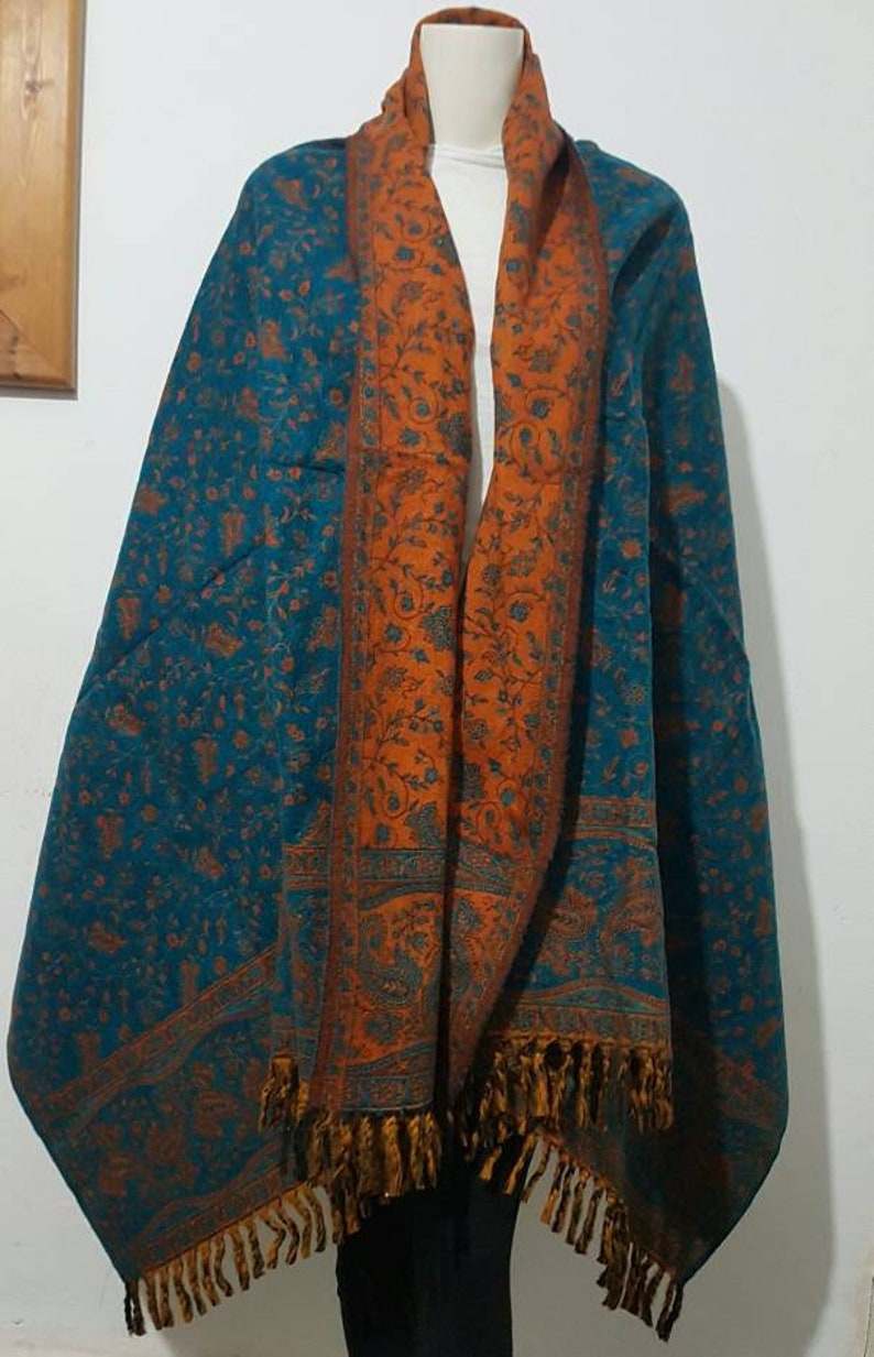 Real yak wool shawl/himalayan made TEAL COLOUR paisley floral print ethnic DOUBLE sided scarf/wrap/blanket,High quality gift for her/him image 7