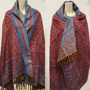 Handmade  yak wool shawl maroon /blue colour/ paisley floral  DOUBLE sided scarf/shawl/blanket,High quality gift for him/ her