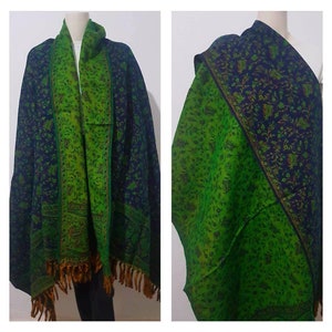 Chal de lana de yak real/himalaya hecho color verde paisley estampado floral étnico DOBLE cara bufanda/envoltura/manta, regalo de alta calidad para ella