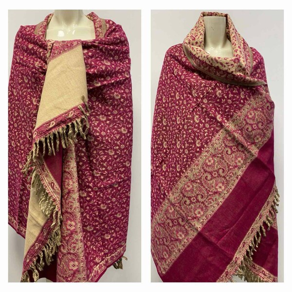 Real yak wool shawl himalayan made pink COLOUR scarf paisley floral print ethnic DOUBLE sided scarf wrap blanket,High quality gift for all