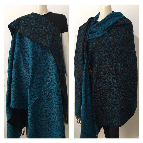 Scialle in vera lana himalayana realizzato in nero blu COLORE/stampa floreale etnica DOPPIA sciarpa/scialle/involucro/coperta, regalo di Natale in lana di alta qualità