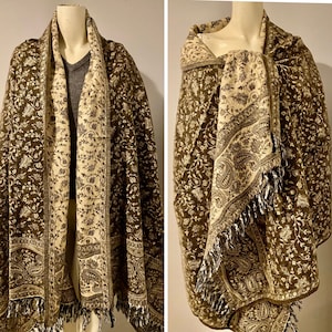 Light brown Yak wool shawl floral print ethnic Double sided pure yak wool scarf warm  wrap/blanket High quality gift for her him Xmas gift