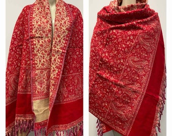 Châle en laine de yak écharpe de couleur beige rouge, couverture d'hiver de l'Himalaya, imprimé floral cachemire, écharpe/châle/couverture double face, haute qualité