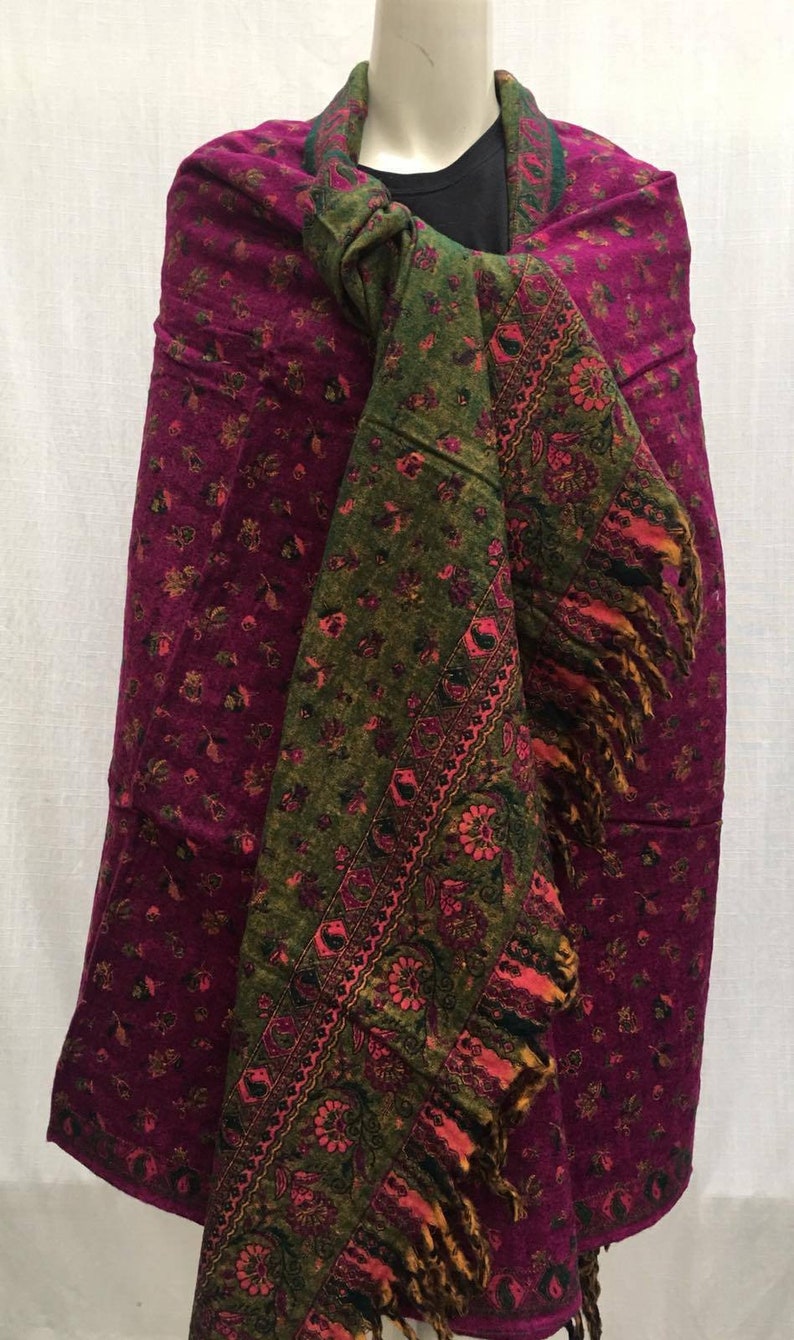 Pink green colour yak wool shawl unisex scarf floral print DOUBLE sided scarf winter blanket,High quality xmas gift for him/her image 4