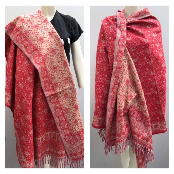 Real yak wool shawl/himalayan made RED/beige COLOUR paisley floral print ethnic DOUBLE sided scarf/wrap/blanket,High quality gift for her