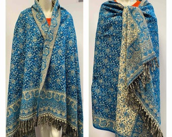 Real Yak wool shawl blue colour scarf handmade floral print DOUBLE sided blanket unisex throw High quality gift for anyone study blanket