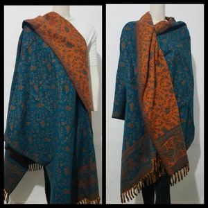 Real yak wool shawl/himalayan made TEAL COLOUR paisley floral print ethnic DOUBLE sided scarf/wrap/blanket,High quality gift for her/him image 1