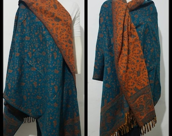 Real yak wool shawl/himalayan made TEAL COLOUR paisley floral print ethnic DOUBLE sided scarf/wrap/blanket,High quality gift for her/him