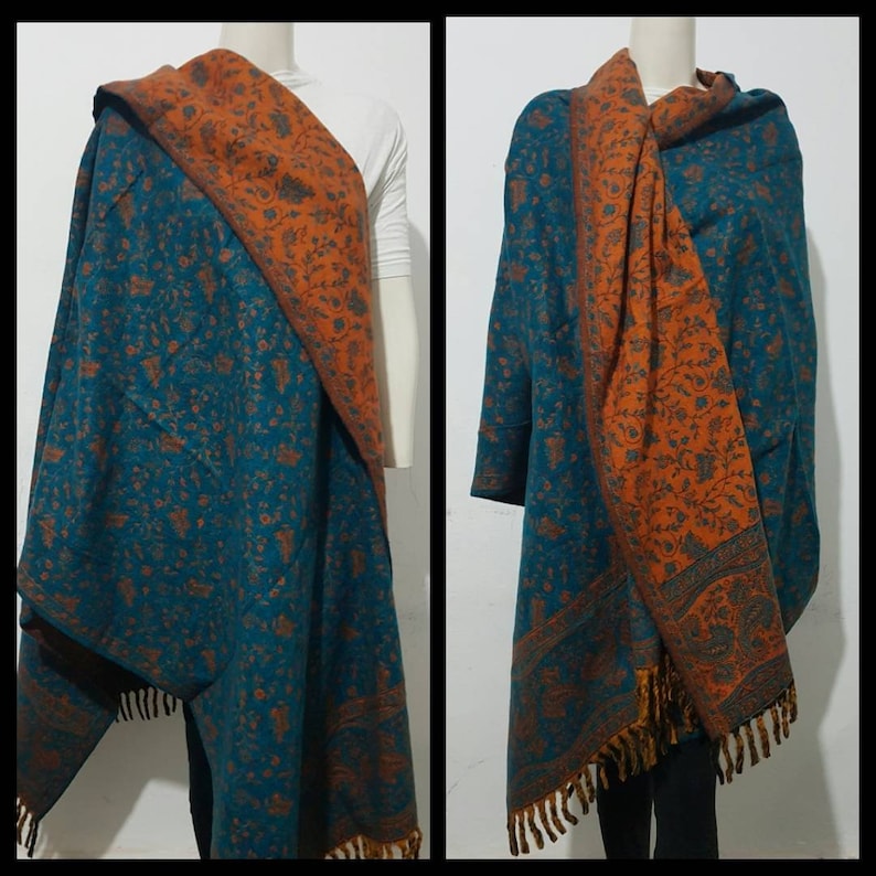 Real yak wool shawl/himalayan made TEAL COLOUR paisley floral print ethnic DOUBLE sided scarf/wrap/blanket,High quality gift for her/him image 1