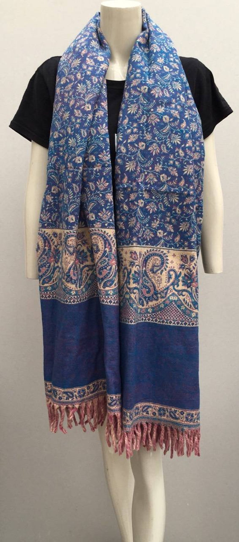 Real yak wool shawl/himalayan made purple,blue/beige COLOUR paisley floral print ethnic DOUBLE sided scarf/wrap/blanket,High quality gift zdjęcie 2