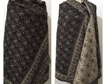 Real  yak wool shawl/handmade BLACK/BEIGE colour  paisley floral print DOUBLE sided winter scarf/wrap/blanket,High quality Xmas gift