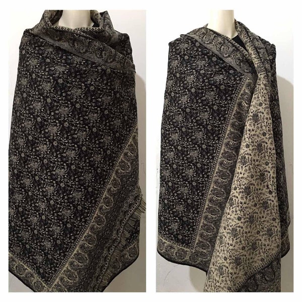 Real  yak wool shawl/handmade BLACK/BEIGE colour  paisley floral print DOUBLE sided winter scarf/wrap/blanket,High quality Xmas gift