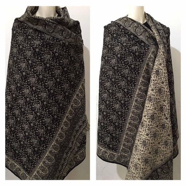 Scialle in vera lana yak/fatto a mano colore NERO/BEIGE stampa floreale paisley sciarpa/involucro/coperta invernale a DOPPIO lato, regalo di Natale di alta qualità