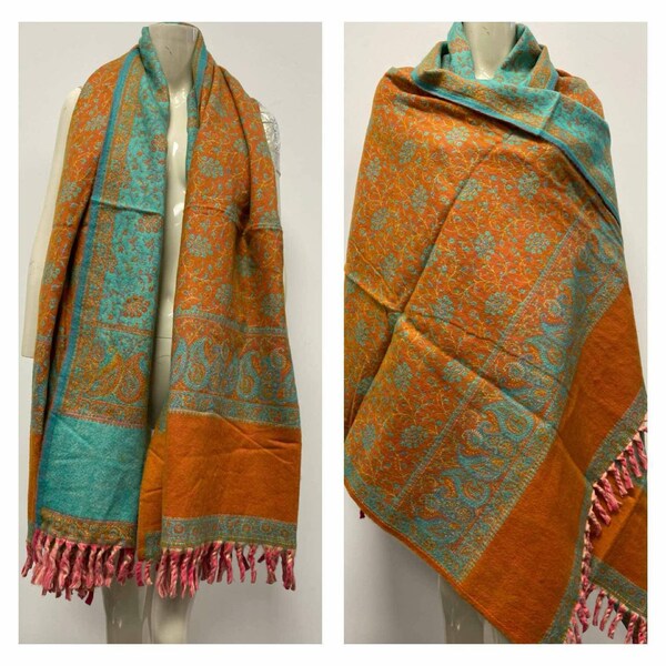 Yak wool shawl orange colour scarf winter blanket himalayan made paisley floral print DOUBLE sided scarf/shawl/wrap/blanket,High quality