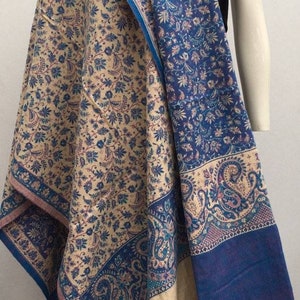 Real yak wool shawl/himalayan made purple,blue/beige COLOUR paisley floral print ethnic DOUBLE sided scarf/wrap/blanket,High quality gift zdjęcie 3