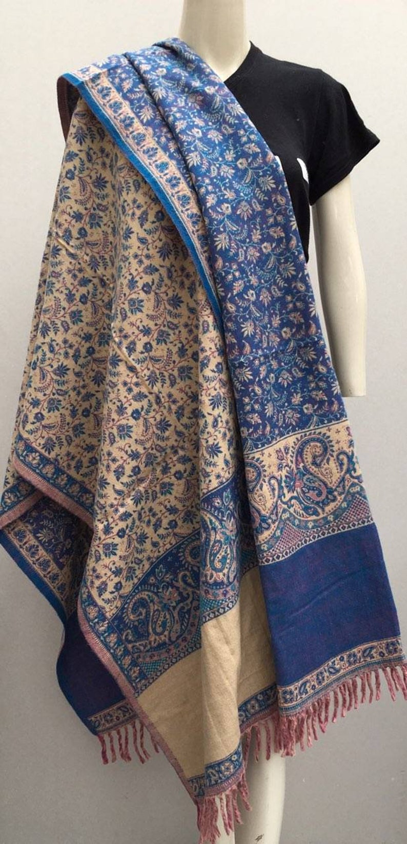 Real yak wool shawl/himalayan made purple,blue/beige COLOUR paisley floral print ethnic DOUBLE sided scarf/wrap/blanket,High quality gift zdjęcie 3