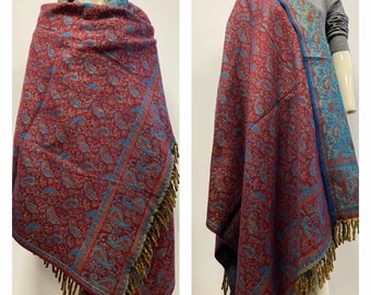 Maroon BLUE colour shawl real yak wool scarf handmade floral print DOUBLE sided scarf unisex blanket High quality christmas gift for anyone