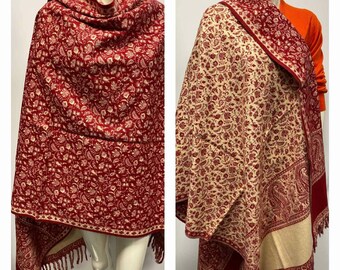 Maroon beige colour Real yak wool scarf himalayan made paisley floral shawl DOUBLE sided blanket High quality christmas gift study blanket