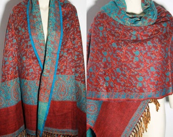 Real yak laine MAROON BLUE écharpes châle fait paisley imprimé floral ethnique DOUBLE écharpe/wrap/blanket, cadeau de haute qualité pour elle /lui