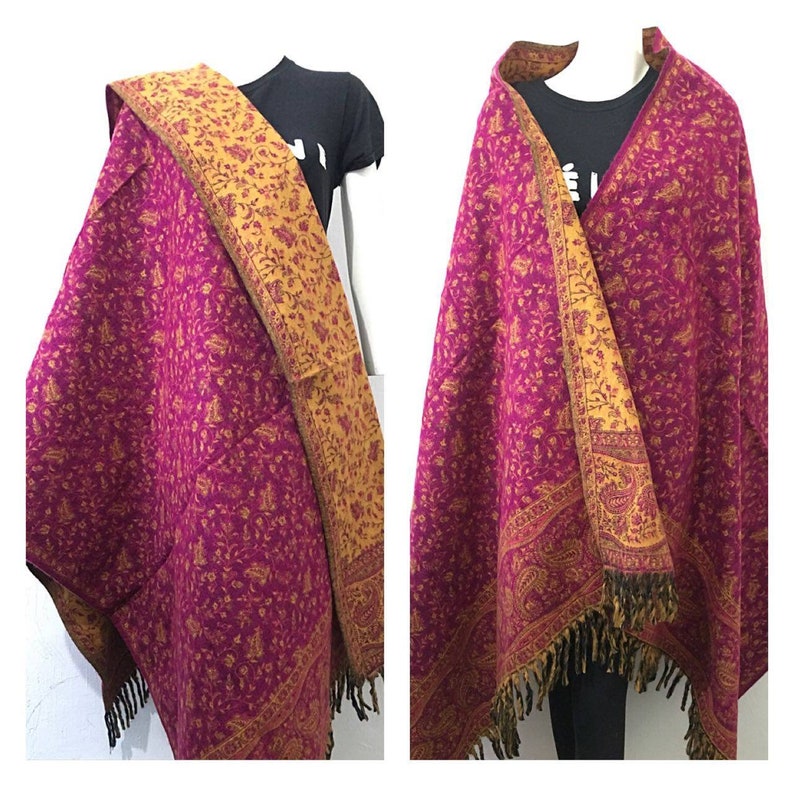 yak Wool shawl blue pink colour floral reversable SCARF,UNISEX,BLANKET xmas gift