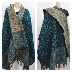Unisex yak wool shawl himalayan made blue  COLOUR paisley floral print ethnic DOUBLE sided scarf/wrap/blanket,High quality gift