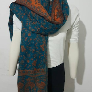 Real yak wool shawl/himalayan made TEAL COLOUR paisley floral print ethnic DOUBLE sided scarf/wrap/blanket,High quality gift for her/him image 2