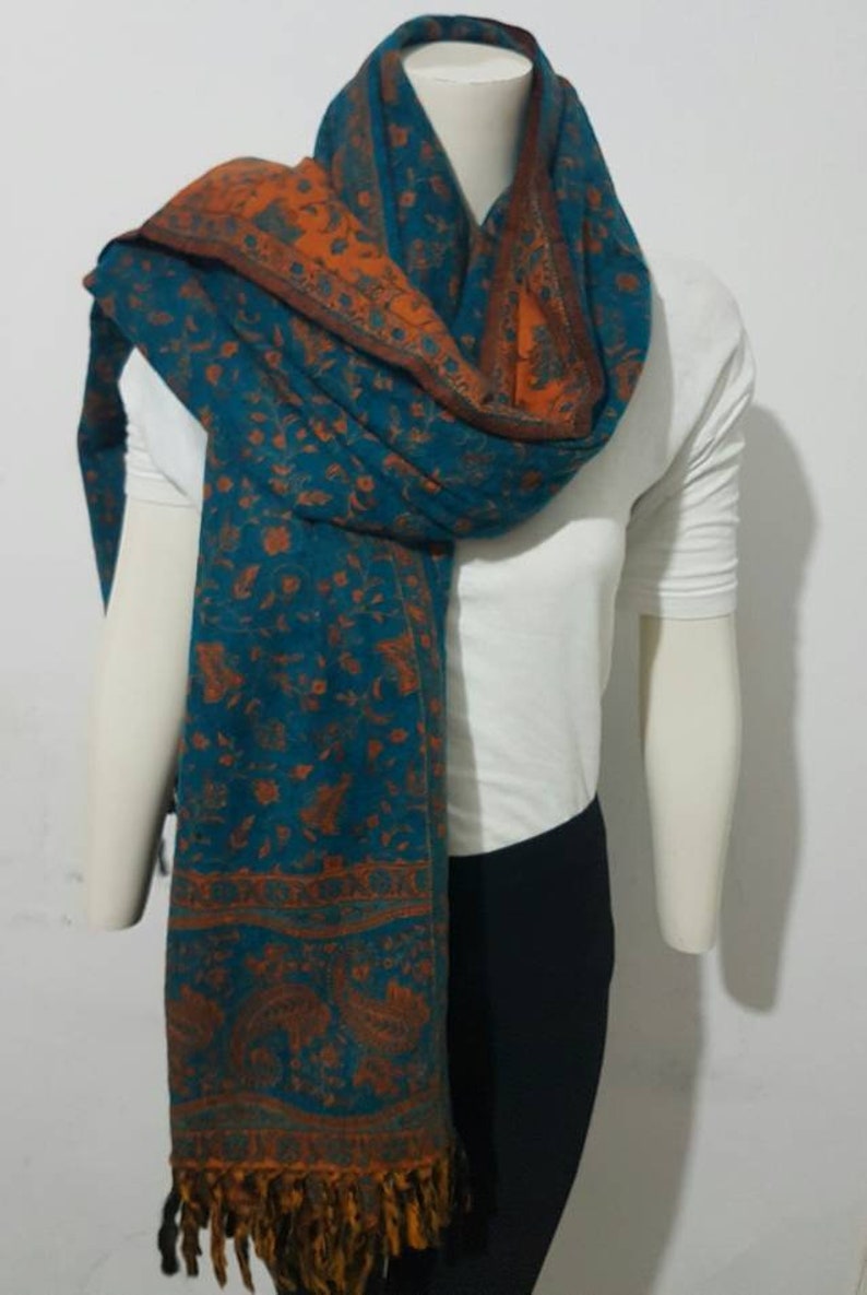 Real yak wool shawl/himalayan made TEAL COLOUR paisley floral print ethnic DOUBLE sided scarf/wrap/blanket,High quality gift for her/him image 2