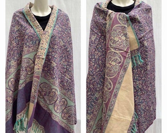 Real yak wool scarf PURPLE COLOUR shawl paisley floral print ethnic  DOUBLE sided scarf /shawl/wrap/blanket,High quality wool / unisex