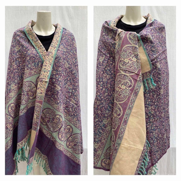 Real yak wool scarf PURPLE COLOUR shawl paisley floral print ethnic  DOUBLE sided scarf /shawl/wrap/blanket,High quality wool / unisex