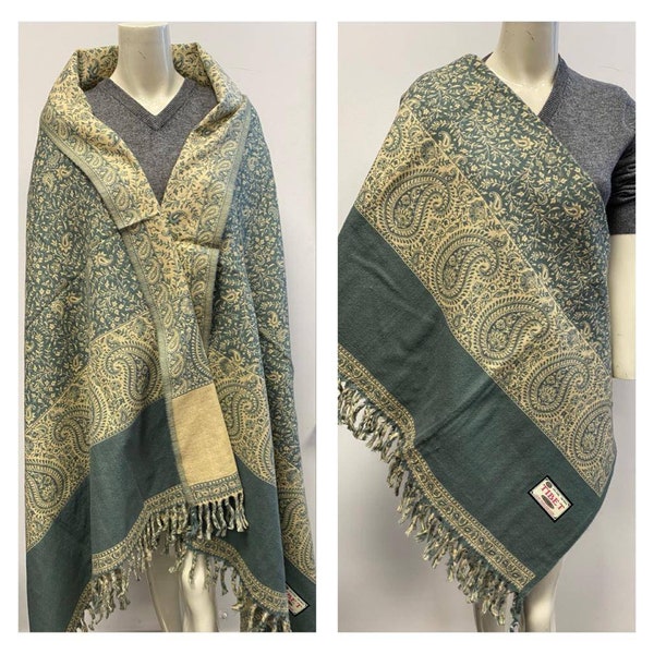 Real wool shawl himalayan made light blue  COLOUR/floral print ethnic DOUBLE sided scarf/shawl/wrap/blanket,High quality wool Xmas gift