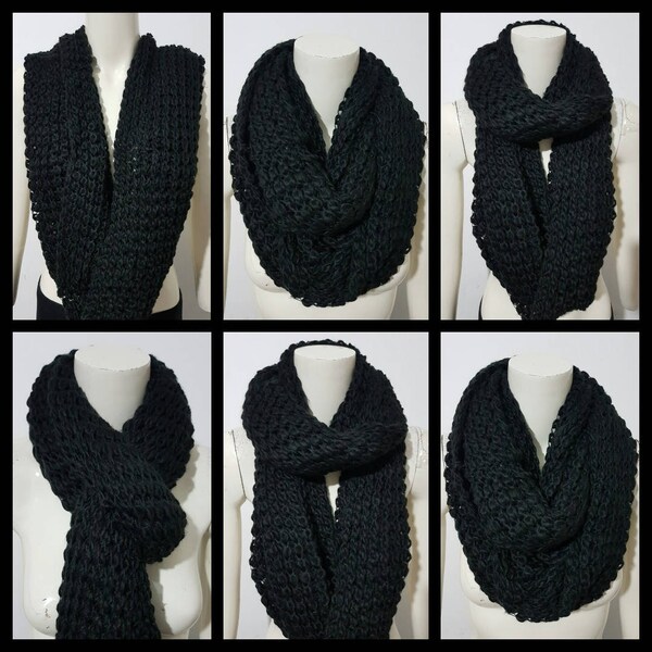 Écharpe SNOOD d’hiver en tricot épais de couleur NOIRE tricotée super douce pour femmes, cache-cou, écharpe infinie, écharpe chaude d’hiver surdimensionnée en boucle