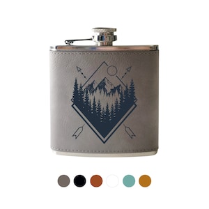 Flask-Geometric Mountains with Trees. Leather whiskey tequila  flask. Hiking, Camping flask cup gift him or her