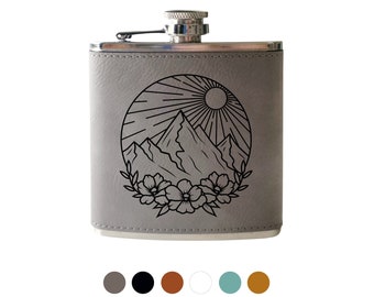 Mountain floral Flask- drinking gift. Nature, hiking, camping gift. Leather and Stainless steel flask