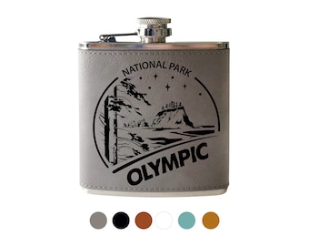 Flasque du parc national olympique gravée – Flasque de hanche en cuir, cadeau personnalisé