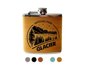 Flasque du parc national des Glaciers - Flasque de hanche en cuir gravé, cadeau de vacances