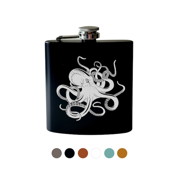 Octopus Kraken Flask. Personalized name flask. Leather. Fathers day Grauation gift