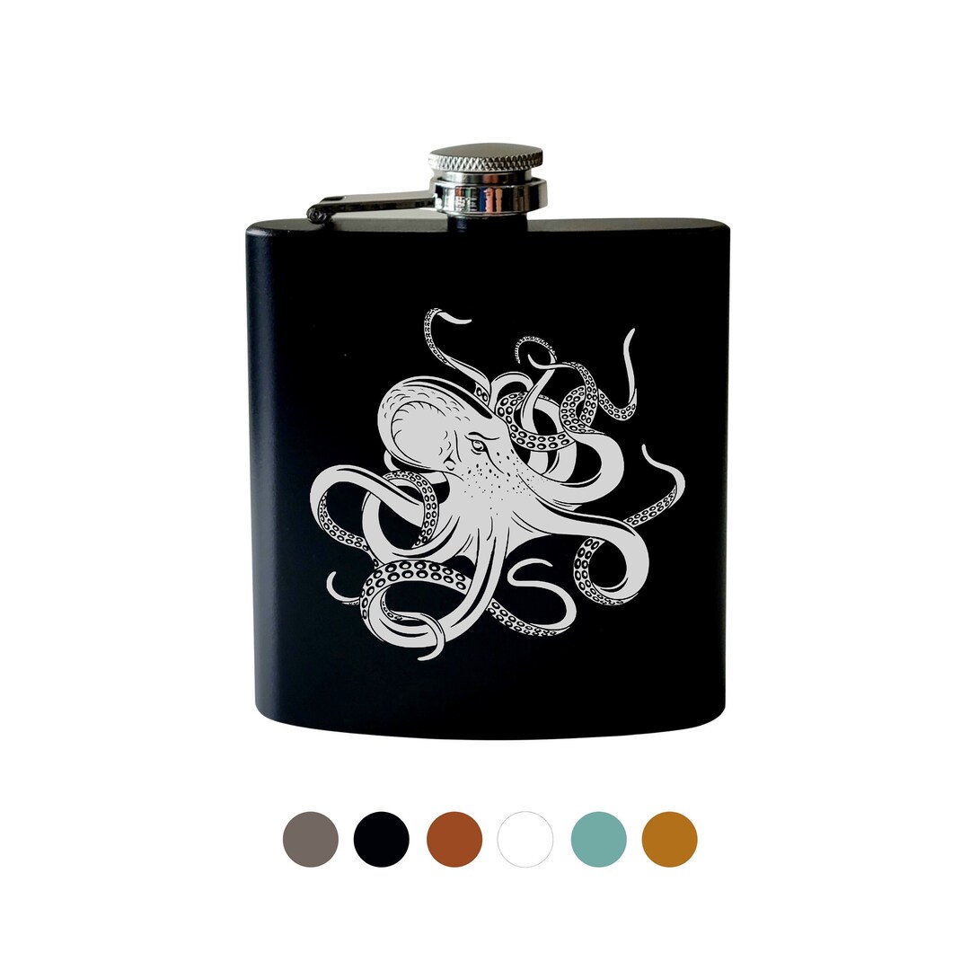 Octopus Kraken Flask. Personalized Name Flask. Leather. Fathers Day