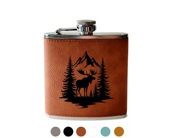 Flasque personnalisée Mountain Moose. Flasque en cuir