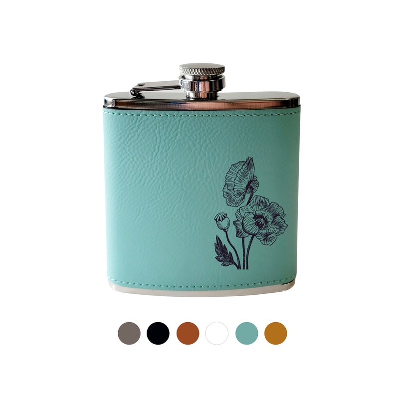 Poppy Flower Flask drinking gift for her. Boho, Nature, hiking, camping gift. Leather and Stainless steel flask image 1