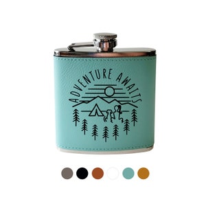 Flask- Adventure awaits Mountains Woman with Dog engraved flask. Personalized Camping Hiking Gift for Her Woman Sister Girlfriend Teal