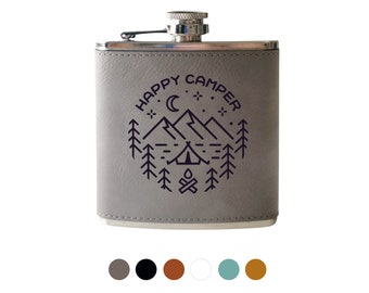 Leather Flask, Happy Camper Gift: Engraved Mountains & Tent