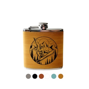 Flask Snowboarder with Mountains. Hip flask Skiing, winter sports. Gift for him Personalized