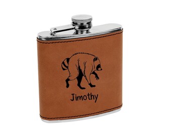 Jimothy the Raccoon Flask. Personalized Engraved hip flask. Leather.
