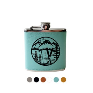 Flask Skiing in the Mountains. Personalized Skiing Snowboarding hip flask.