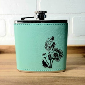 Poppy Flower Flask drinking gift for her. Boho, Nature, hiking, camping gift. Leather and Stainless steel flask image 2