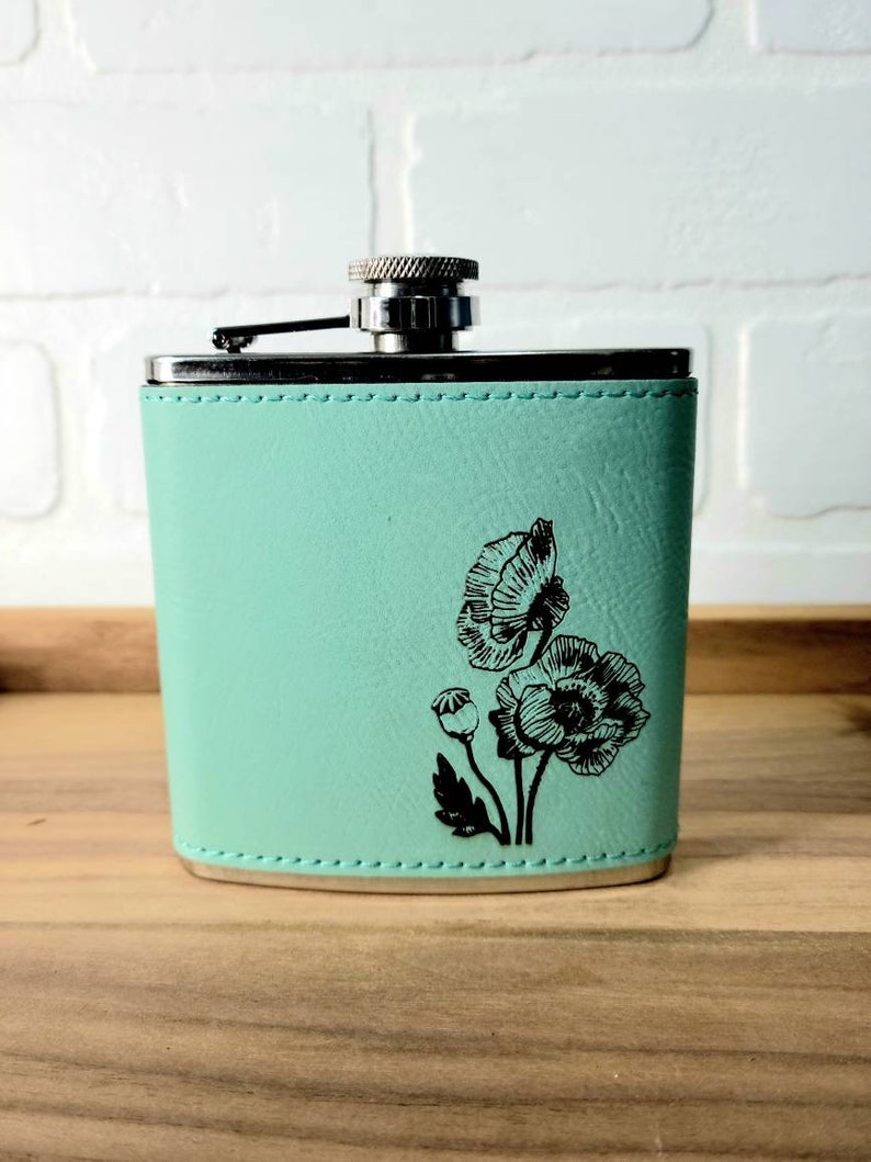 Poppy Flower Flask drinking gift for her. Boho, Nature, hiking, camping gift. Leather and Stainless steel flask image 2
