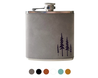Personalized Leather Flask, Engraved Pine Tree Design, Rustic Outdoor Camping for Men