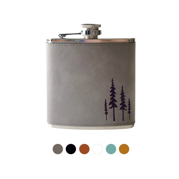 Flask- Pine Trees engraved personalized flask. Boho simple classic leather hip flask. Fathers day