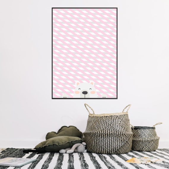 Sweet Pink Little Bear Scandi Nordic Decor Large Hygge Poster Modern Print Uk