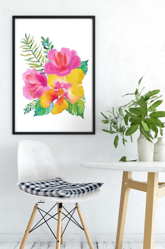 Exotic Poster Pink Yellow Flowers Tropical Leaves Print Ikea Etsy